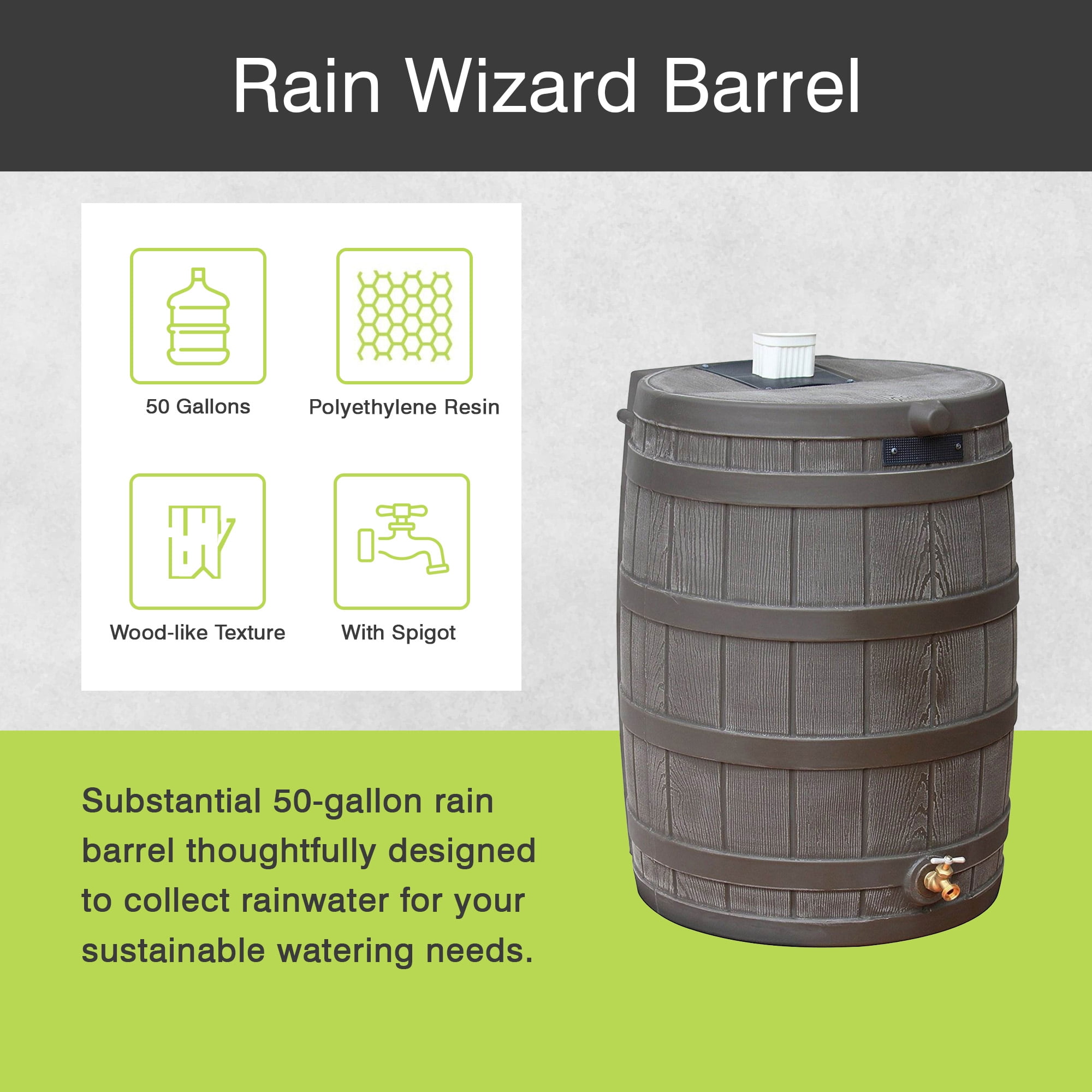 Good Ideas RW50 Rain Wizard 50gal Plastic Rain Barrel Water Collector, Oak