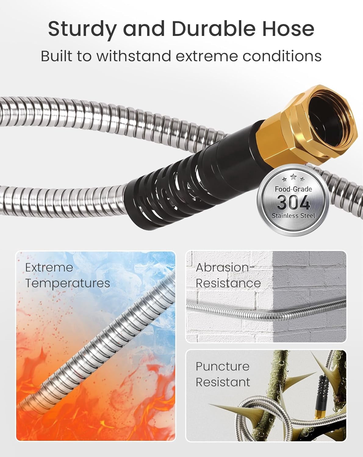 RGHJAR-Short Garden Hose 5 ft with Female to Female Connector, Small Metal Leader Hose, Drinking Water Hose, Flexible, Lightweight Stainless Steel Water Pipe for RV, Outdoor, Yard, 5ft x 5/8"