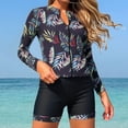 thumbnail image 2 of felwors Women's Long Sleeve Rash Guard Swimsuit Set Tropical Print Zip Front Top & Boyshort Bottom Two Piece Swimwear (Black, XXL), 2 of 8