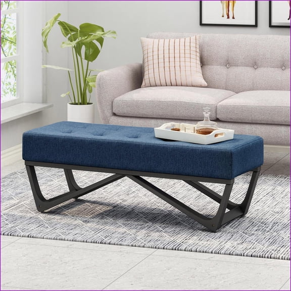 Modern Navy Blue Button-Tufted Ottoman | 47” Wide | Living Room, Bedroom | Fabric | Navy Blue