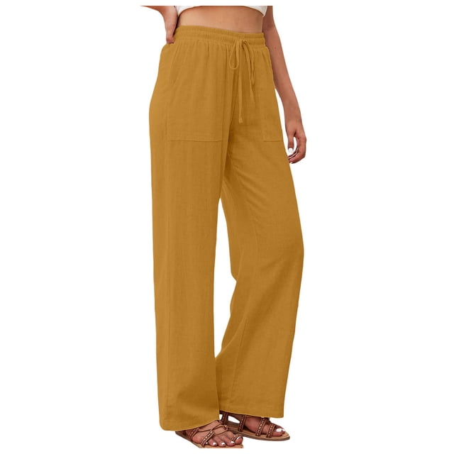 Women's Linen High Waisted Straight Pants Casual Flowy Wide Leg Drawstring Trousers With Pockets