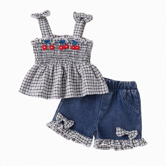 kaprioy Toddler Girl Clothes Toddler Baby Girl Summer Outfit Cute Cherry Checkered Top and Denim Shorts Set 2 Pcs Clothes Set