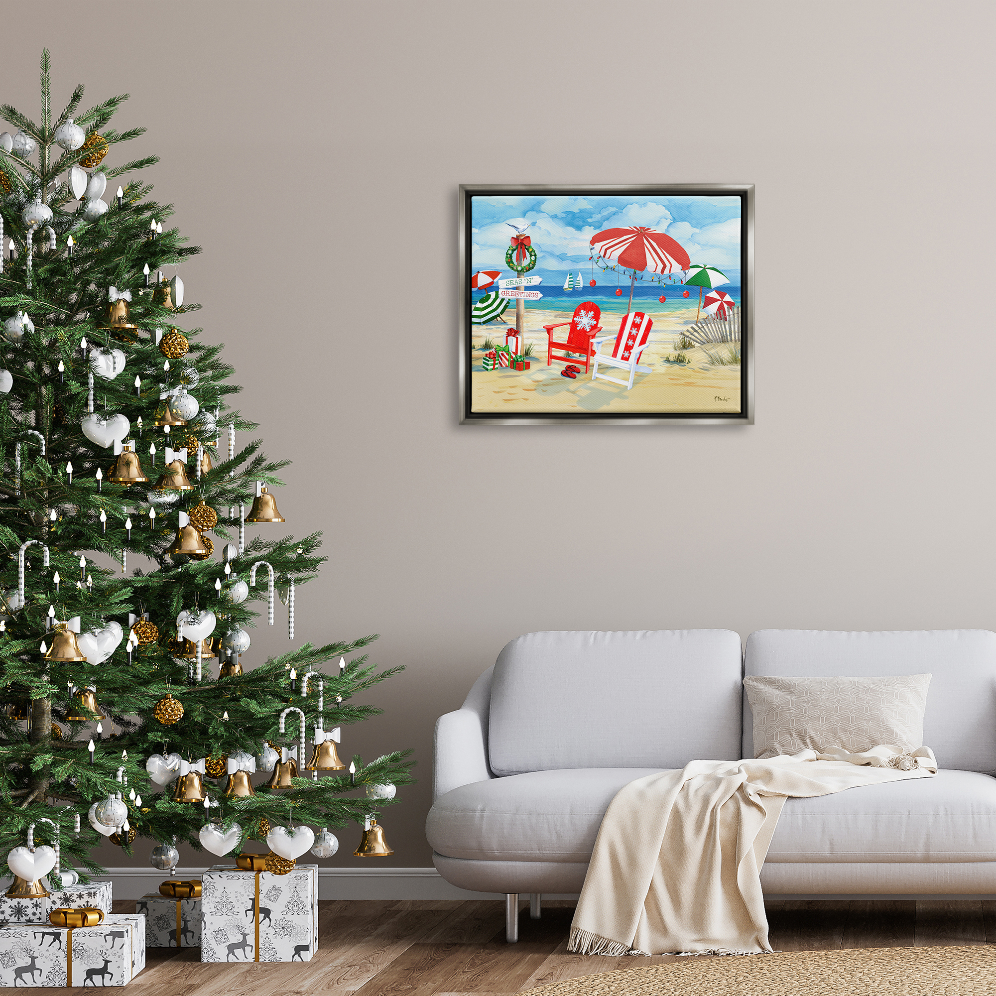 Stupell Industries Seas 'N' Greetings Scene Holiday Painting Gray Floater Framed Art Print Wall Art, 31 x 25