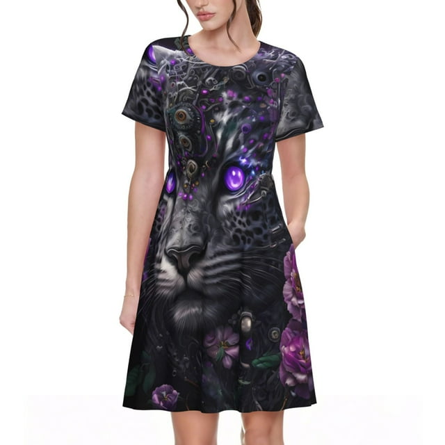Easygdp Purple-Eyed Floral Leopard para Vestido Transpirable de Mujer, Vestido Suelto de Manga Corta con Pliegues y Bolsillos para el Verano