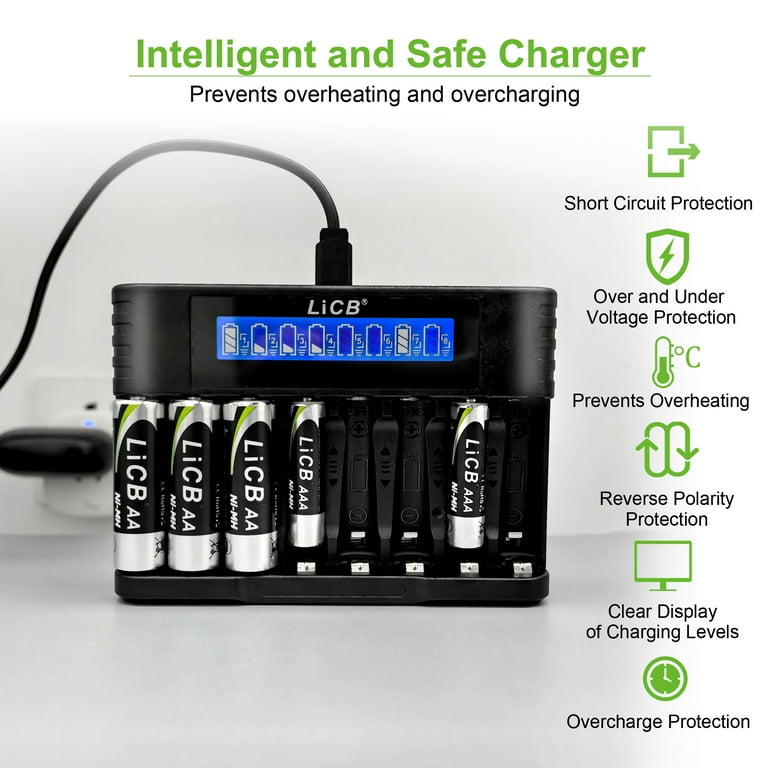 LiCB Rechargeable AA 2800mAh, AAA 1100mAh Batteries, Smart 8