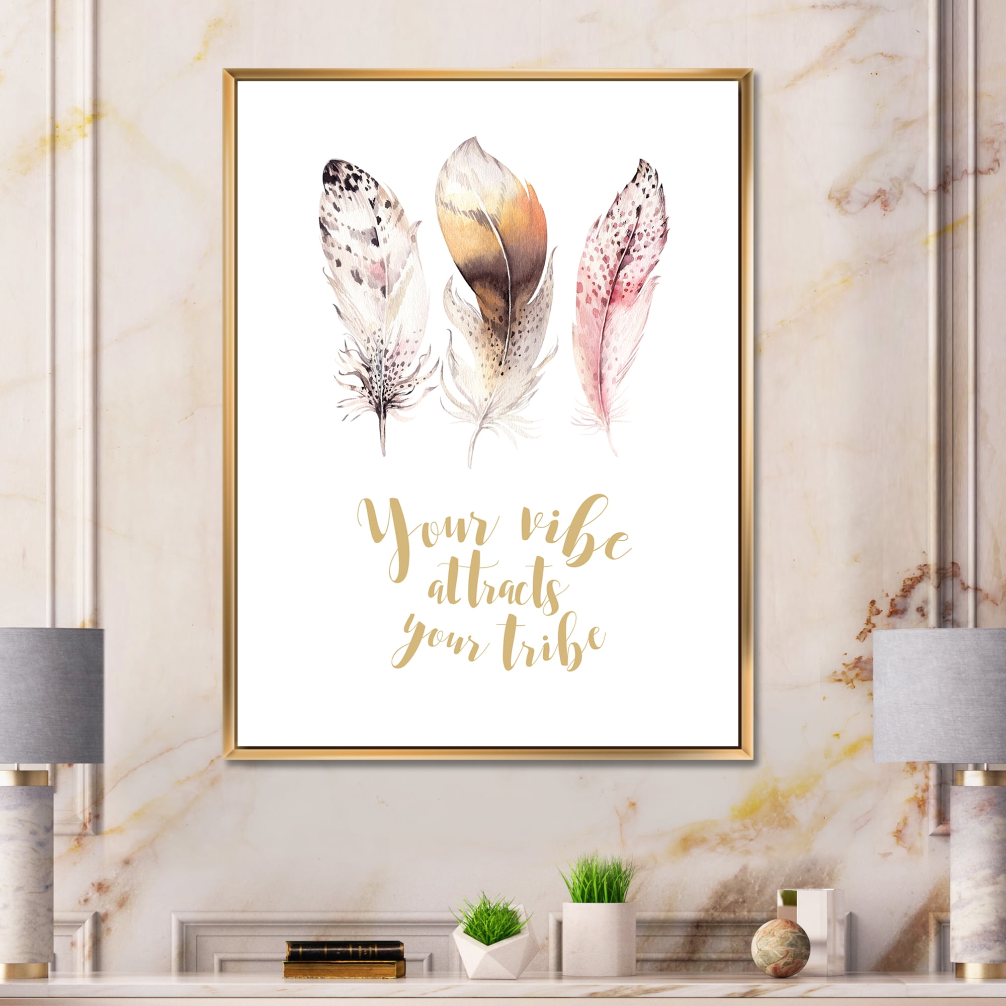 Your Vibe Attracts Your Tribe Ethnic Feathers I 30 in x 40 in Framed Painting Canvas Art Print, by Designart