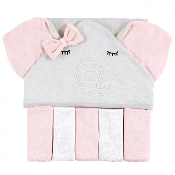 Hudson Baby Infant Girl Hooded Towel and Five Washcloths, Gray Pink Elephant, One Size