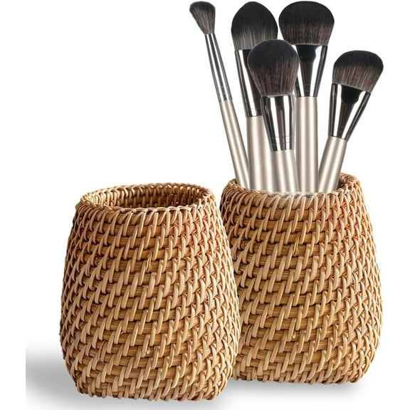 Handmade Wicker Rattan Pen Holder，2 Pack Pencil Makeup Brushes Holder Cylinder Baskets for Desk，Desk Accessories & Workspace Organizers for Home, Office, Classroom & Art Studio