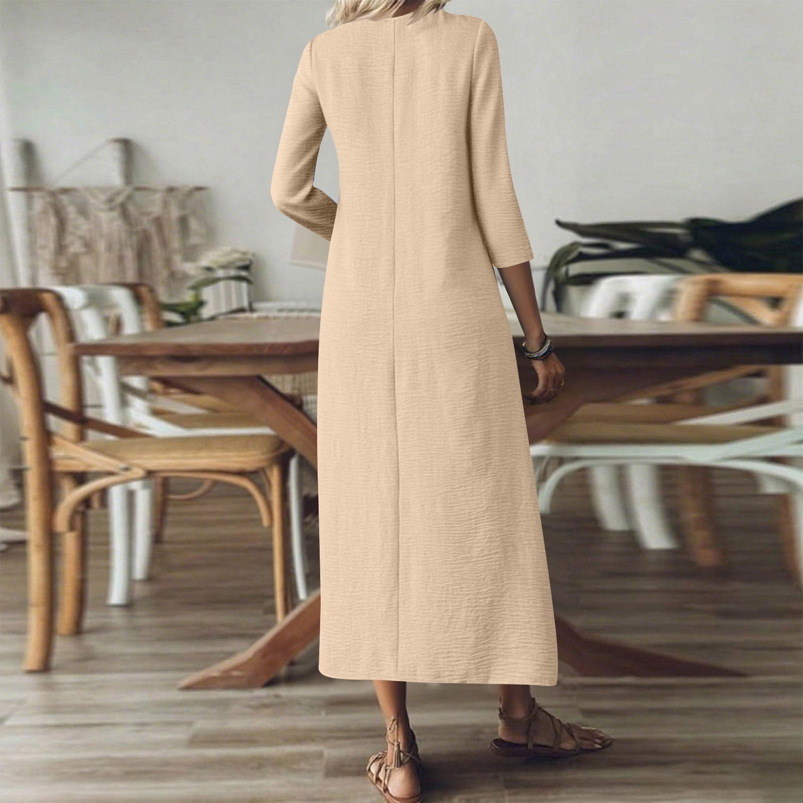 VEKDONE Linen Maxi Dress for Women Summer 3/4 Sleeve V-Neck Boho Long Dress  Elegant Solid Color Loose Fit A-Line Dress Beige S - Walmart.com