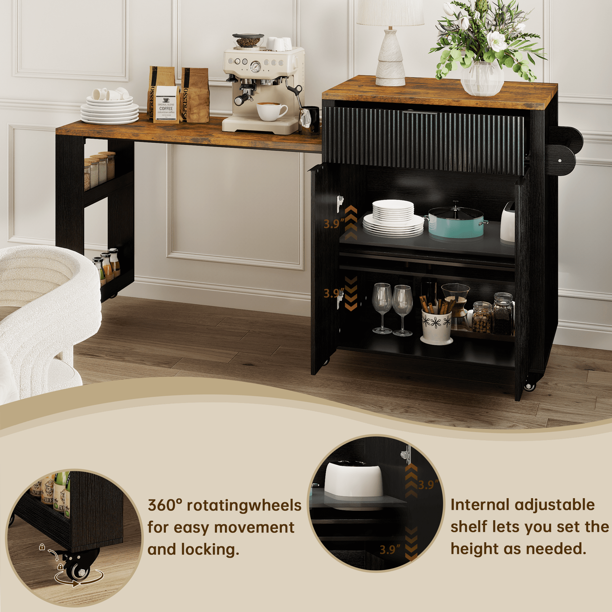 FOOWIN Kitchen Island with Extendable Dining Table, Mobile Island Table with Cabinets, Drawers, Power Outlets, Black