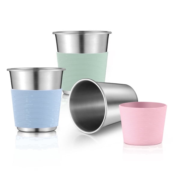 Vesteel 3 Pack Stainless Steel Cups, 8oz Stackable Metal Cups with Silicone Sleeves, Unbreakable Pint Cup Tumblers for Home, Camping & Parties, Blue/Green/Pink