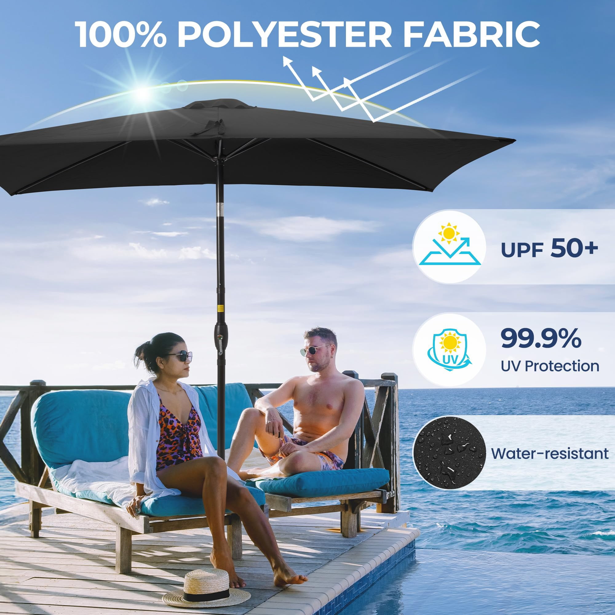 Sunvivi 10 x 6.5 Ft Rectangular Patio Umbrella with Crank and Tilt, Metal Pole Outdoor Umbrella with Polyester Canopy, Black