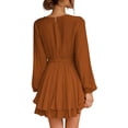 thumbnail image 3 of Women's Dress Deep V-Neck Long Sleeve Waist Tie Ruffle Mini Swing Skater Dresses, 3 of 11