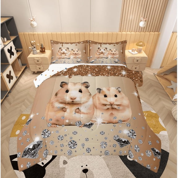 Hamster Comforter Set Brown Sequin Fluid Art Twin Bedding Sets,Crystal Diamond Bed Set Cute Animals Duvet Insert,Lovely Pet Kawaii Room Decor