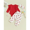 thumbnail image 4 of Bslissey Infant Baby Girls Jumpsuit Outfits Solid Color Long Sleeve Romper + Heart Print Long Pants + Bow Headband 3Pcs Clothes Set for Newborn 3M 6M 9M 12M 18M, 4 of 9
