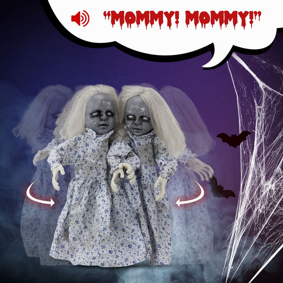 Alvantor 2.8 ft Twin Girls Animatronic Halloween Decoration with Light-Up Eyes, Sound and Swaying Motion, Gray and Blue