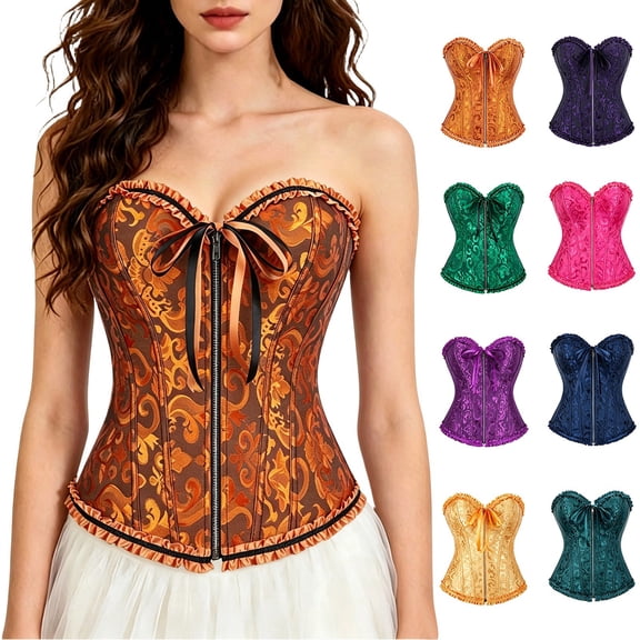Womens Corset Top Bustier,Front Zipper,No ,Steel Boned Waist Cincher Lace Up Back Bodysuit for Party Prom Evening Wear