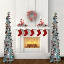 Foldable 5ft Pop Up Christmas Tinsel Slim Trees with Plump Shiny Sequins, Collapsible Artificial Pencil Xmas Tree Reusable with Plastic Stand for Fireplace & Office & Classroom, Party Decor