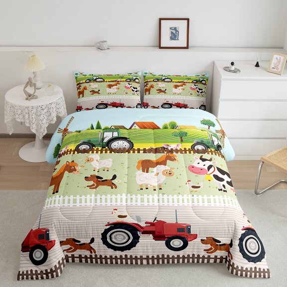 Tractor Bedding Sets Full Size Cute Cartoon Farm Animals Comforter Set Farmhouse Country Down Comforter for All Season Colorful Room Decor Nature Theme Duvet Set
