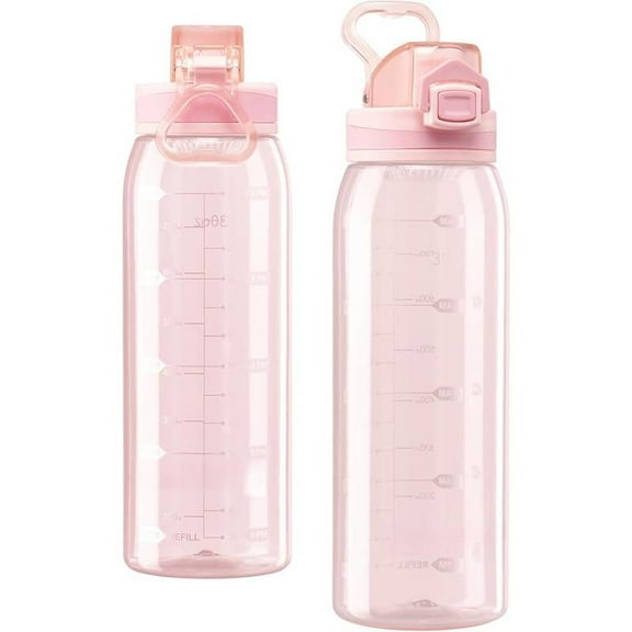 Water Bottle BPA Free Tritan with Time Markers, 30oz Large Durable Gym Plastic Bottle for Fitness, Outdoor Enthusiasts, Leakproof Clear Pink (Pack of 1)