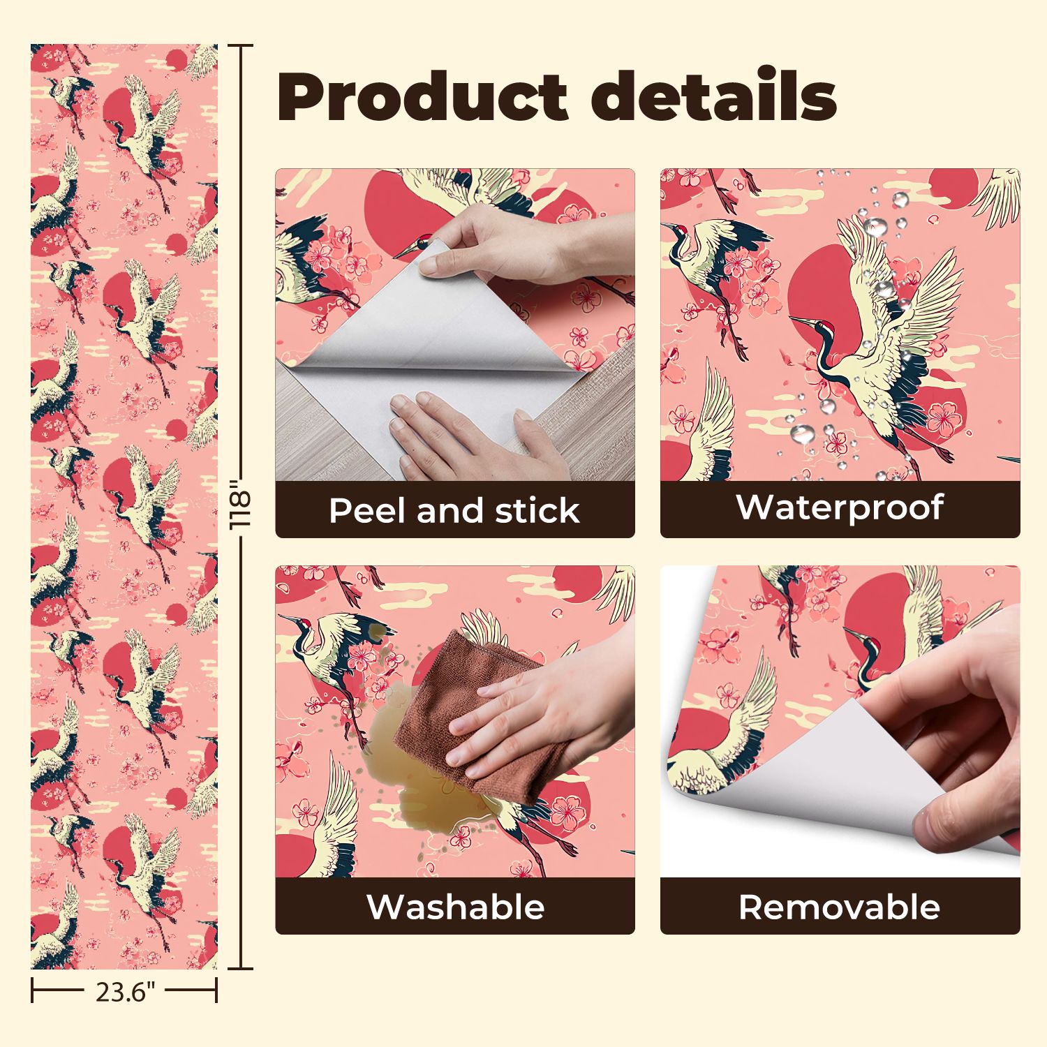 Crane Peel and Stick Wallpaper 23.6in x 9.8ft Cranes Cherry Blossoms Red Sun Retro Contact Paper Vinyl Waterproof Self Adhesive Wall Paper for Bedroom Shelf Cabinet Renter Friendly