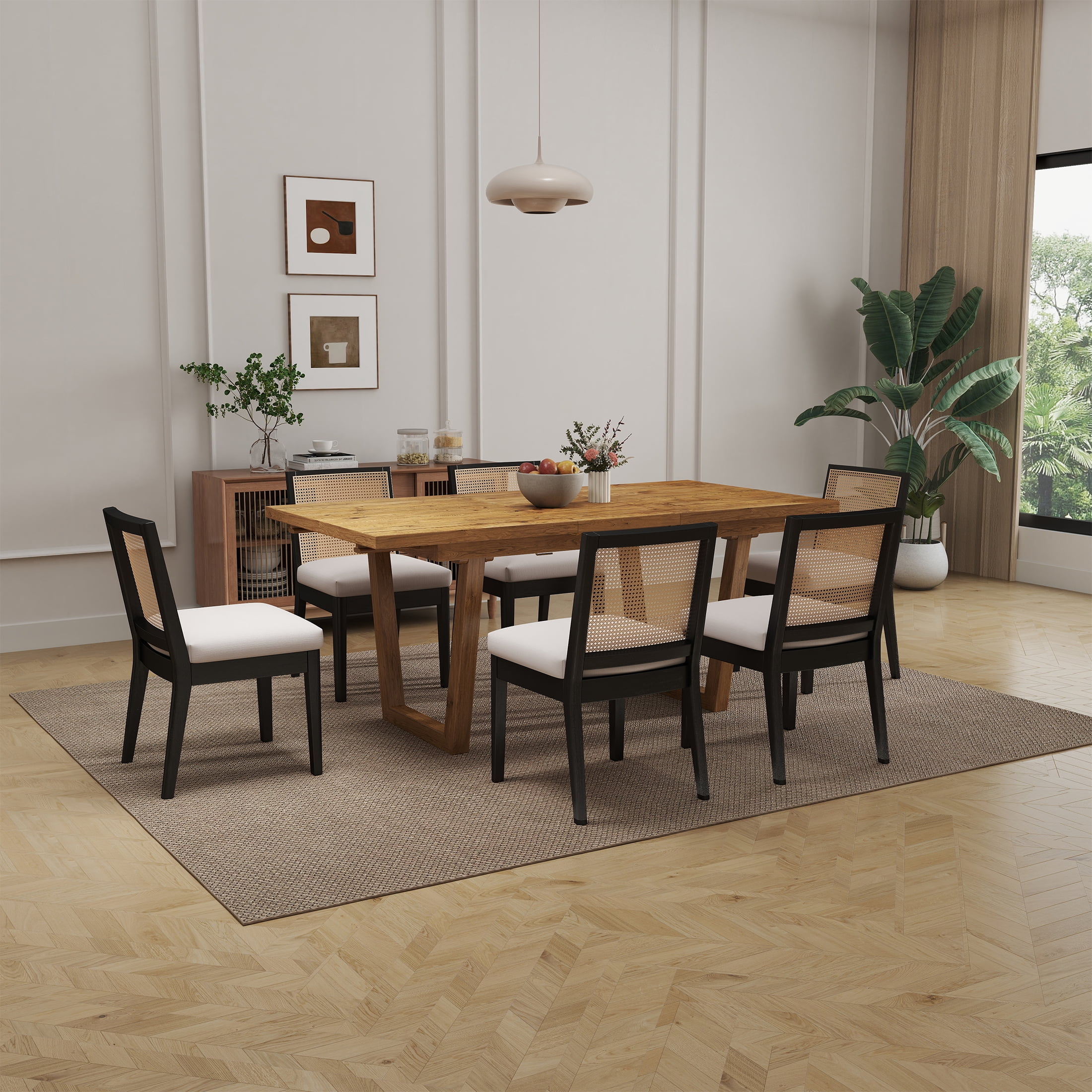Guyou Farmhouse Rattan Dining Chairs Set of 2, Mid Century Modern Dining Side Chairs with Black Hardwood Frame, Linen Upholstered French Country Kitchen Chairs for Dining Room Bistro, Beige