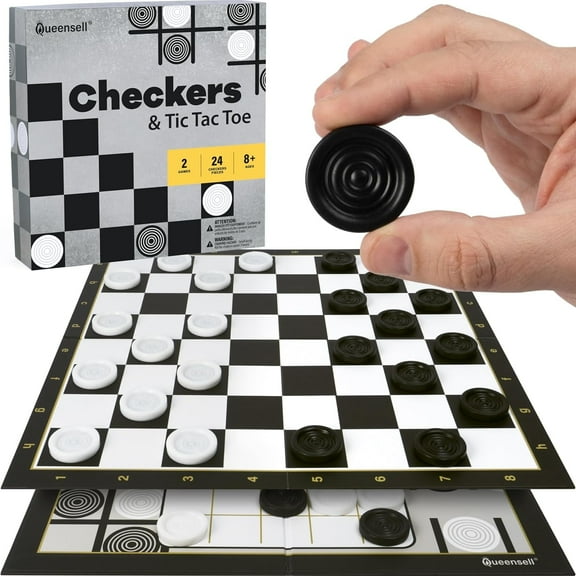 Large Checkers Board Game & 3 Levels Tic Tac Toe Game for Kids and Adults - 2in1 Travel Checkers Set & Tic Tac Toe, Classic Game with Folding Board with 30 Checkers Pieces