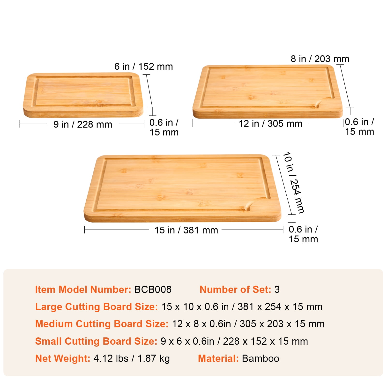 KFFKFF 3PCS Kitchen Cutting Board Set, Bamboo Cutting Board, for Kitchen, 3 Assorted Sizes