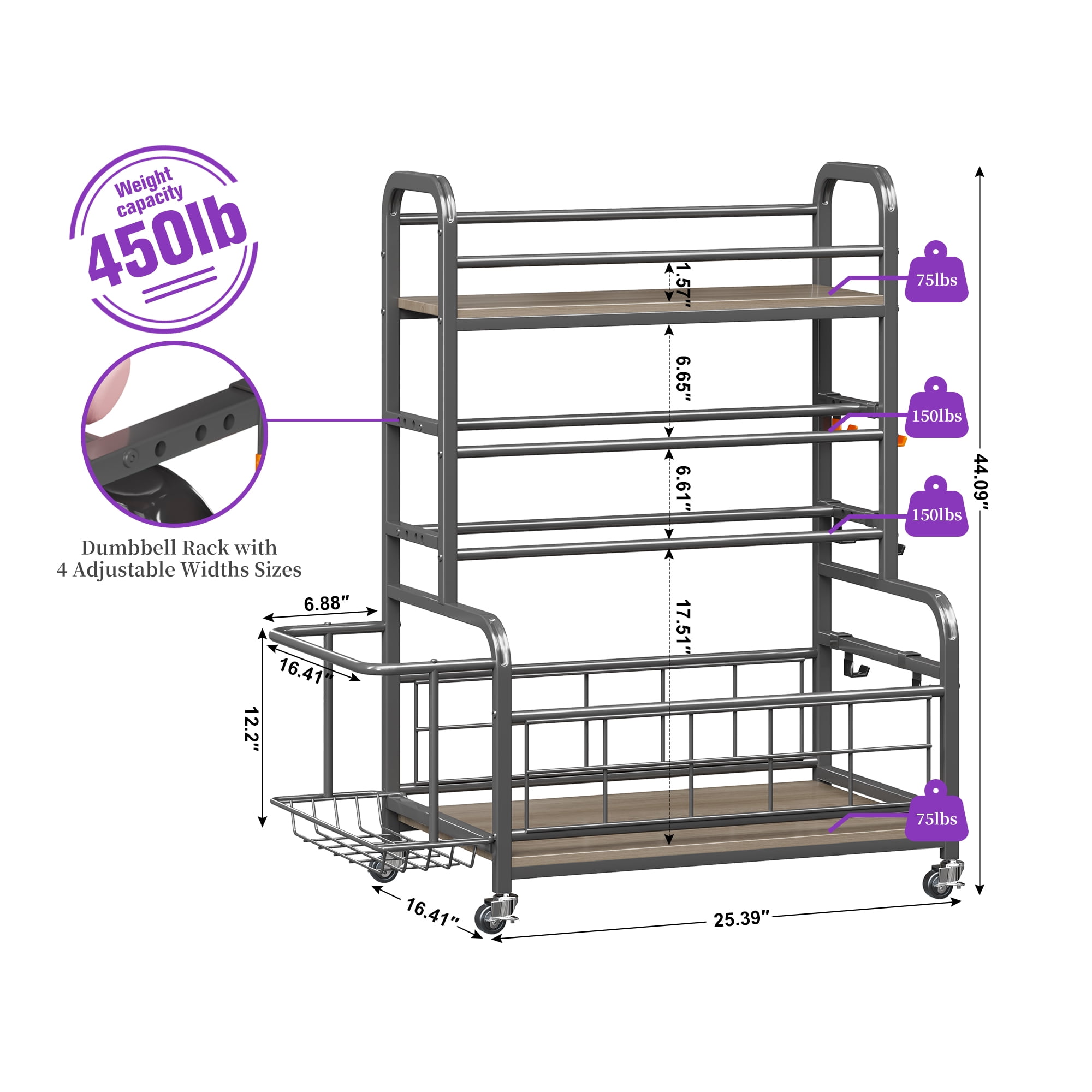 Homeiju Dumbbell Rack,Weight Rack for Home Gym, Home Gym Storage for Dumbbells Kettlebells Yoga Mat and Strength Training Equipment,Weight Storage Rack for Dumbbells with Wheels&Hooks(Grey)
