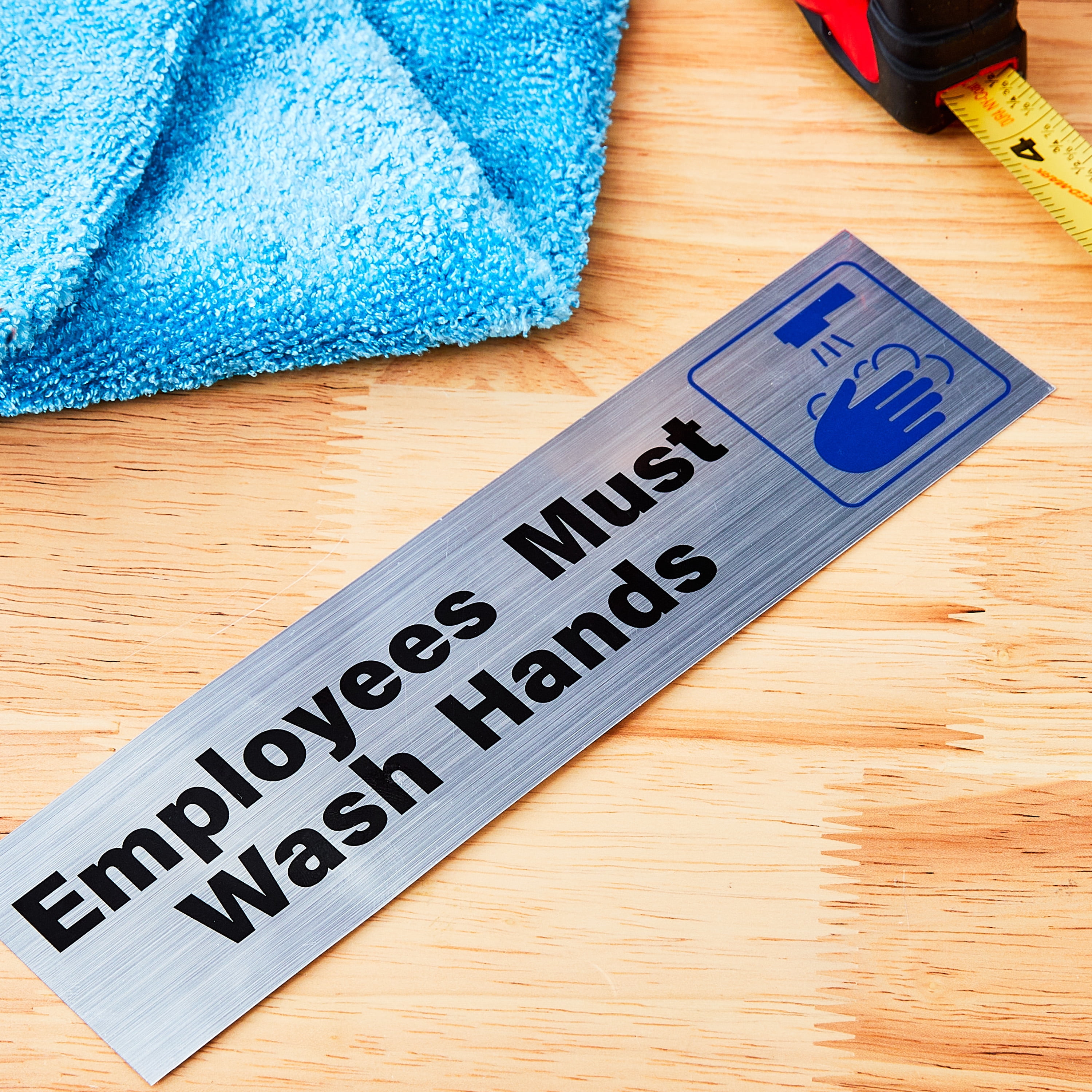 (4 pack) Pen+Gear Employee Must Wash Hands Sign, 2x8 inch , Silver, Adhesive Back for Easy Mounting