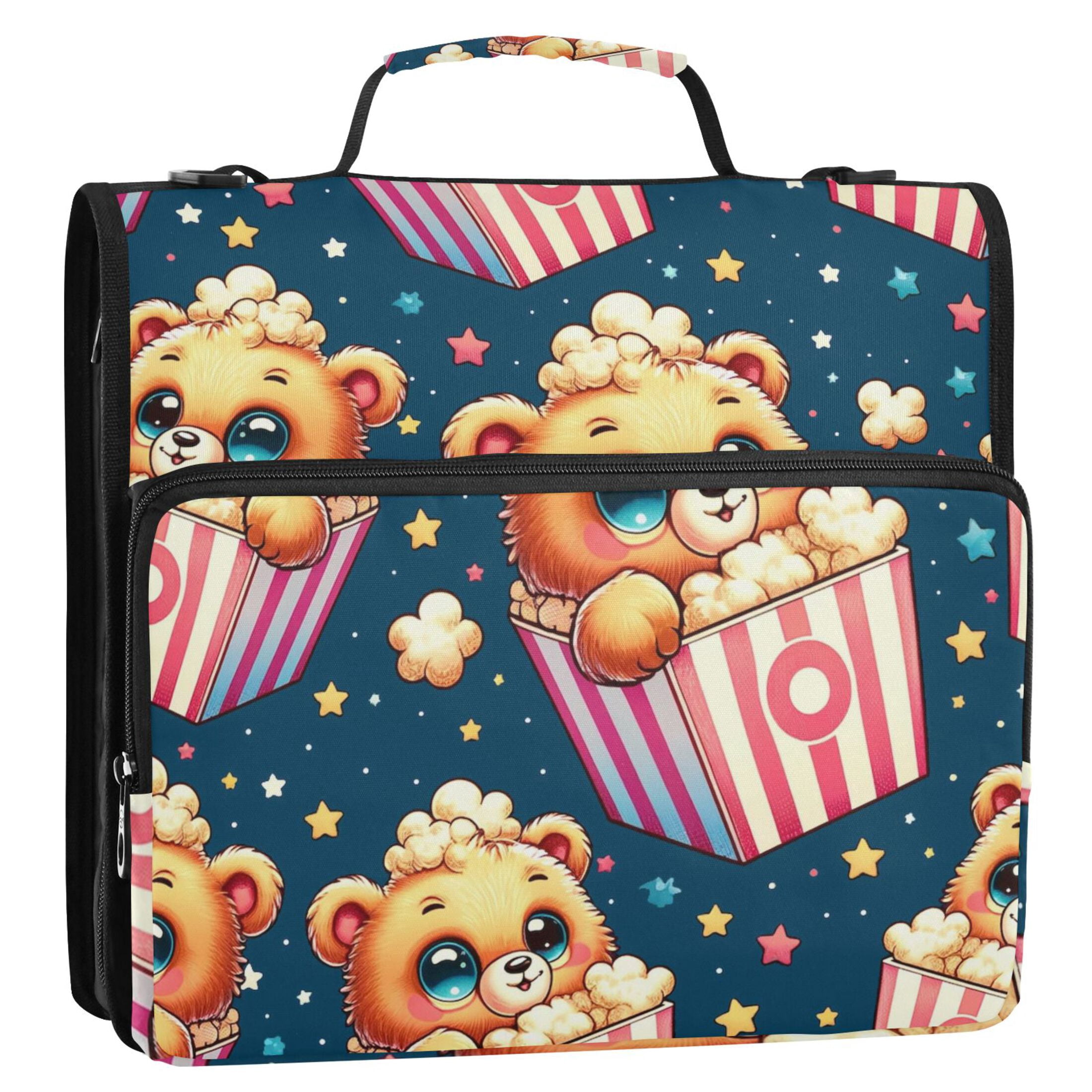 3 Ring Zipper Binder with Shoulder Strap Waterproof Trapper Keeper 2 Inch D-Ring 500 Sheets Capacity Cute Bear in Popcorn