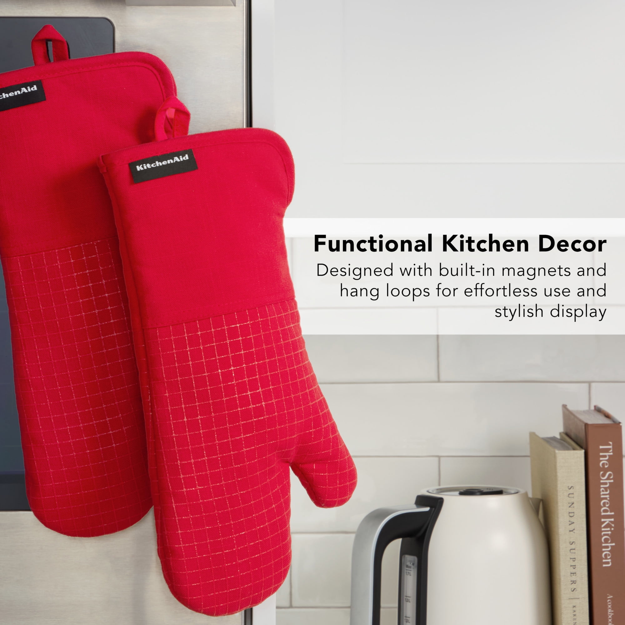 KITCHENAID Gourmet Series Gridlines Oven Mitts 2-Pack Set, Heat Resistant up to 600°F, Soft Silicone Grip, Magnetic Cuff, Passion Red, 7"x14"