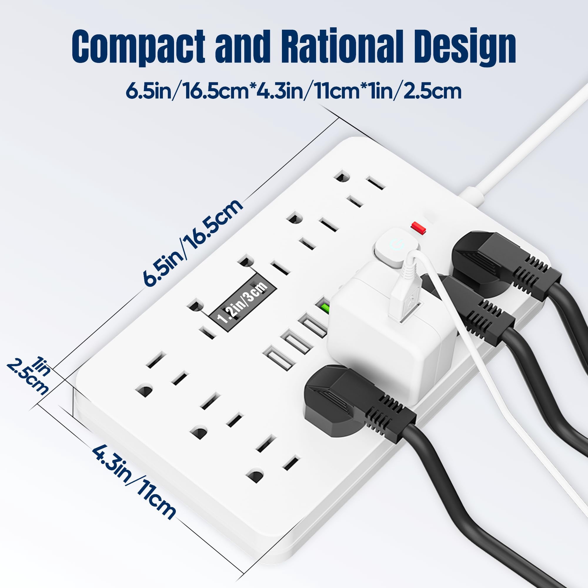JOGGEIL 10 FT Flat Plug Surge Protector Power Strip,11 Multiple AC Outlets with 6 USB Ports , 10 Feet Extension Cord, 1250W/10A, One Touch Switch Button,17 in 1 Compact powerstrip