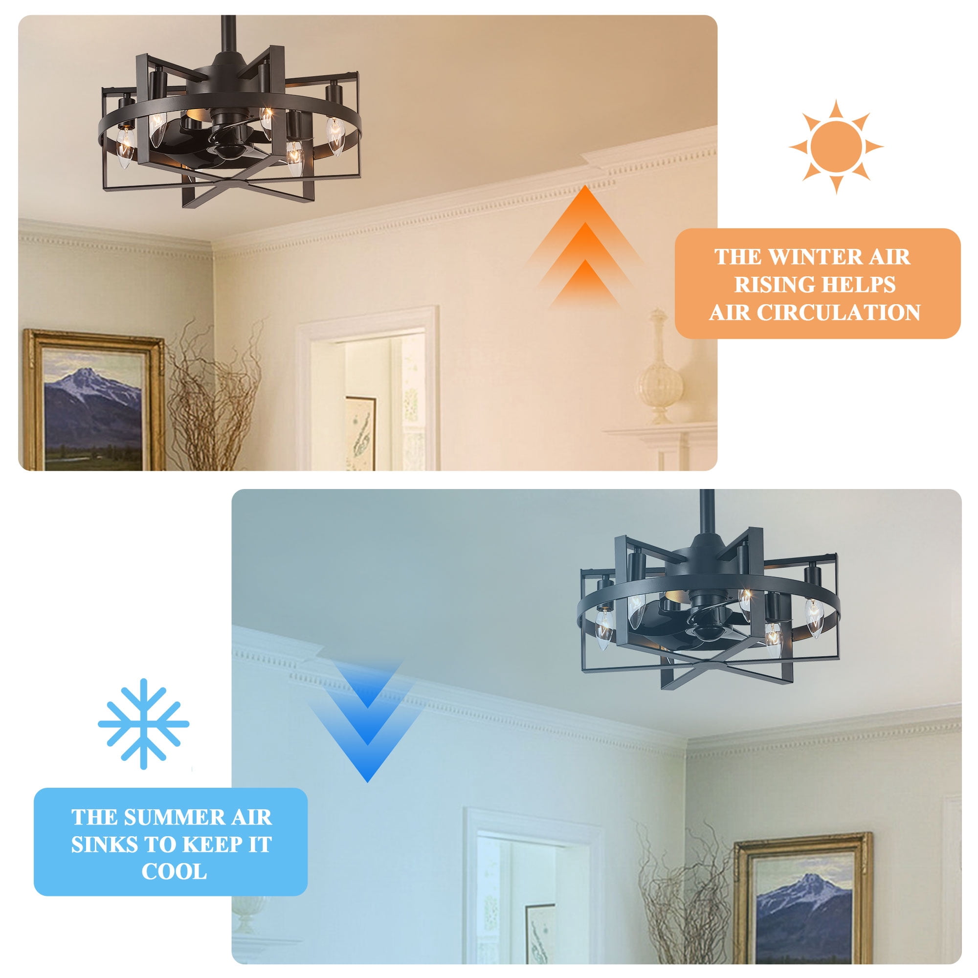 Bella Depot 18 Inches Octagonal Cage Ceiling Fan with Light and Remote Control, 6-speed Reversible Chandelier
