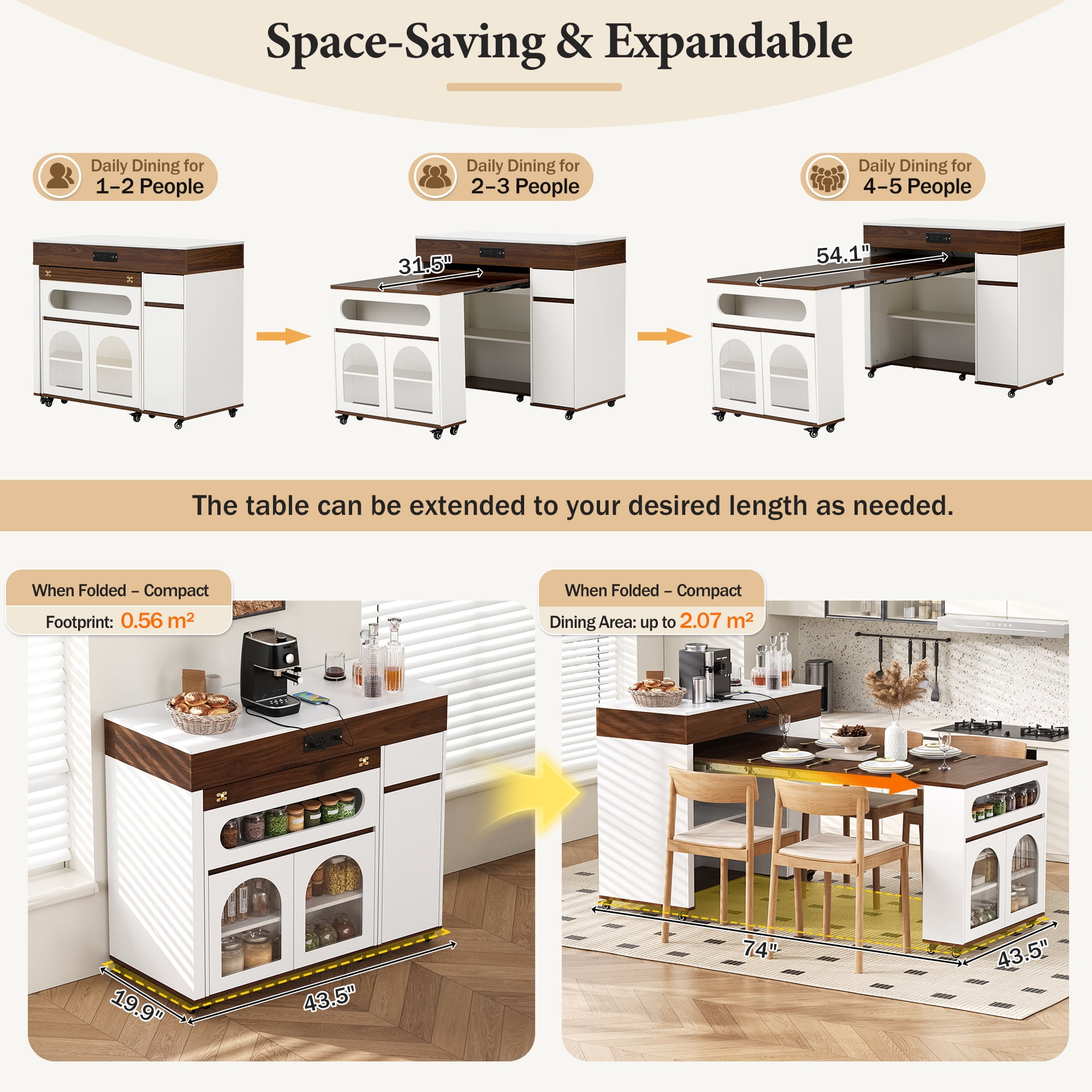 MODERNLUXE Extendable Dining Table with Extra-Long Folding Tabletop, Rolling Kitchen Island with Drawers,Power Outlet and Brake lock, Sideboard Storage Cabinet for Kitchen, Dining Room,Walnut