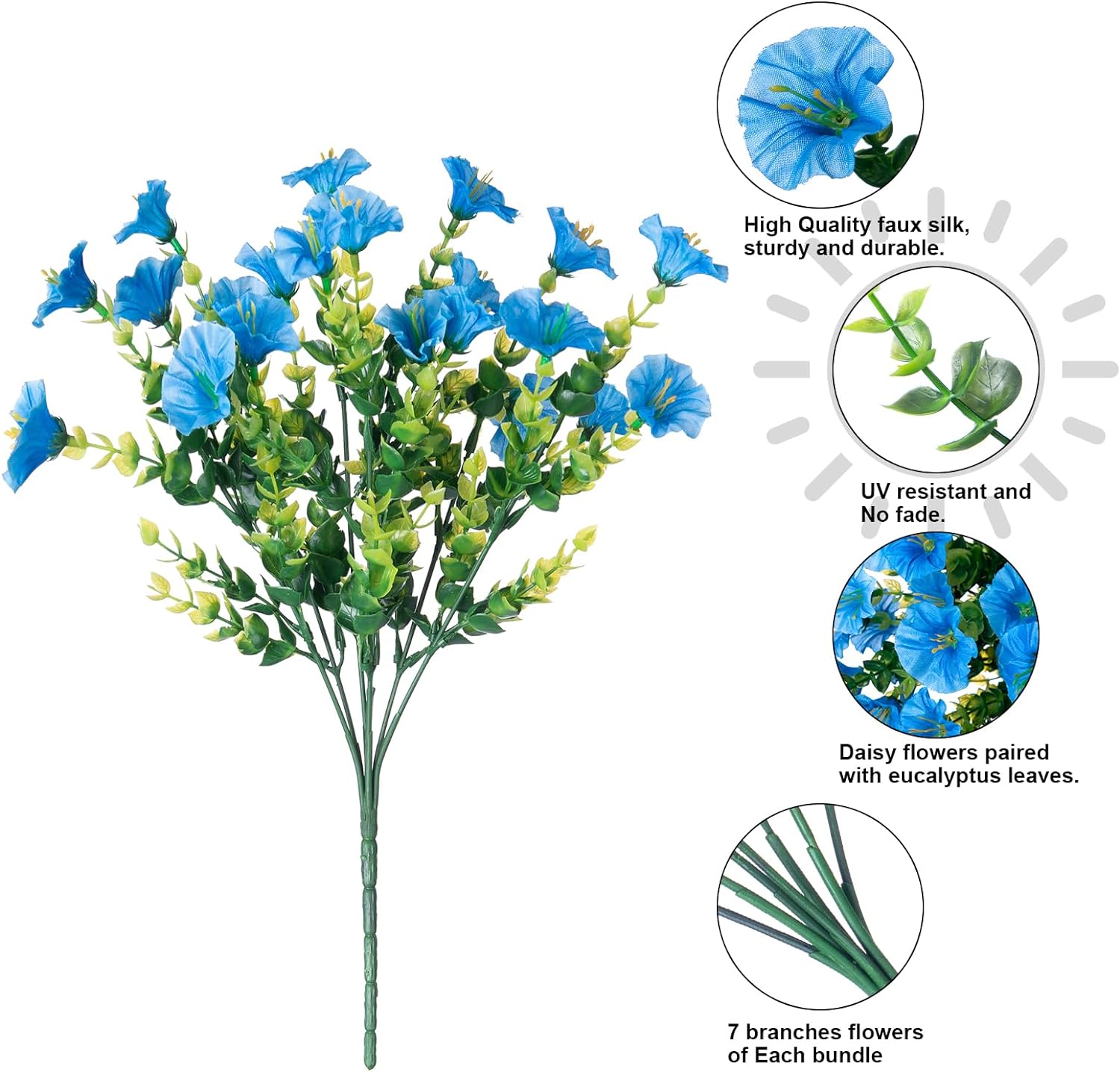 Artificial Fake Outdoor Plants Flowers for Summer Decoration, 12 Bundles Silk Blue Morning Glory Eucalyptus Realistic UV Resistant Faux Flowers for Outside Planter Front Door Porch Garden Yard Patio
