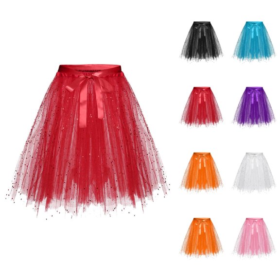 Tulle Skirts for Women Glitter Sequin 3 Layer Mesh Lace Up Bow Elastic Waist Puffy Tutu Skirt Sparkle Dancing Skirts