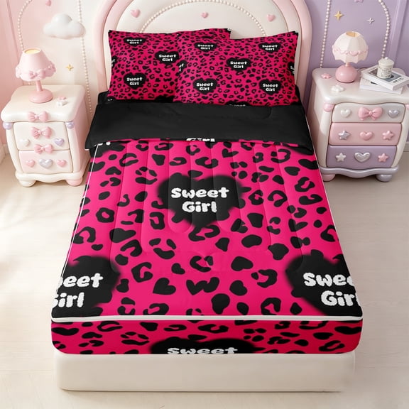 Erosebridal Hot Pink Leopard Heart Zipper Twin Comforter Sets with Fitted Sheet and 2 Pillowcases,Sweet Girl Loves Pattern Zipper Bedding Set,Black Reversible,4pcs