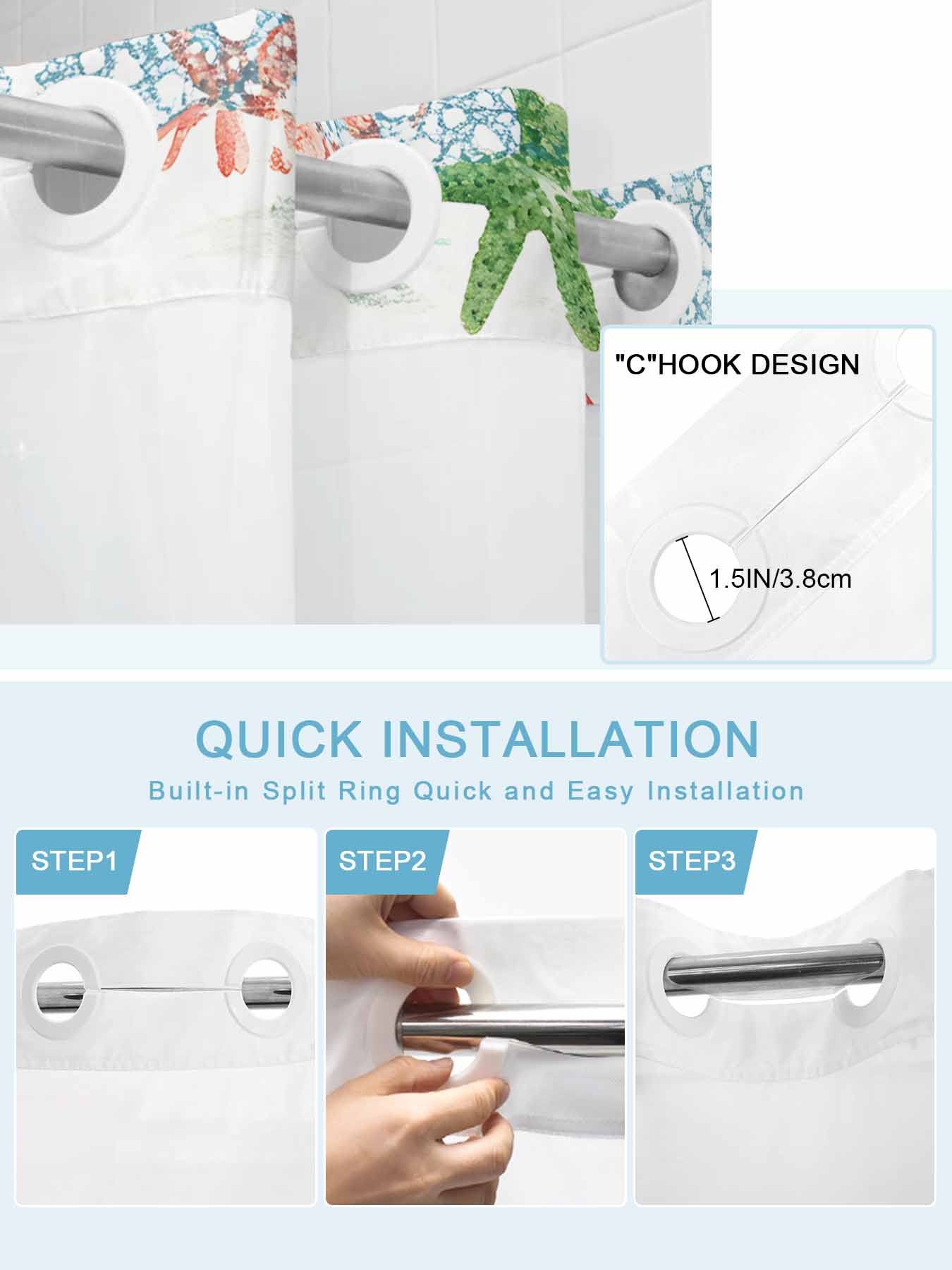 No Hook Shower Curtain with Snap in Liner,Nautical Blue Sea Turtle Starfish Waterproof Bath Curtain Double Layers with See Through Top Window,Ocean Coral Retro Border Hotel Shower Curtains 60x72in