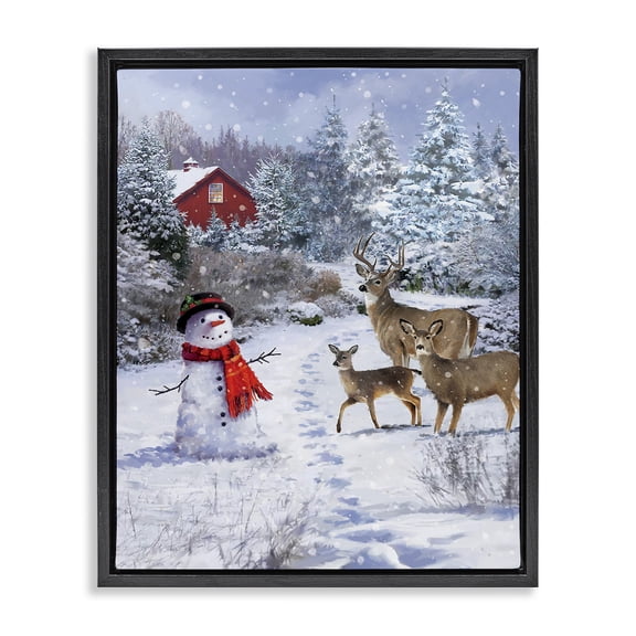 Stupell Industries Farmhouse Reindeer & Snowman Landscape Black Floating Frame Canvas Art, 17 x 21, by Jason Kirk