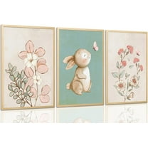 FCCUYE d Nursery Wall Art Set of 3, Pink Flower Botanical Pictures Wall Decor, Green Bunny Paintings, Cute Animal Canvas Prints for Girls and Boys Kids Room, Baby Room Decor 16x24 Inches