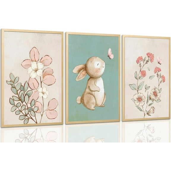 FCCUYE d Nursery Wall Art Set of 3, Pink Flower Botanical Pictures Wall Decor, Green Bunny Paintings, Cute Animal Canvas Prints for Girls and Boys Kids Room, Baby Room Decor 16x24 Inches