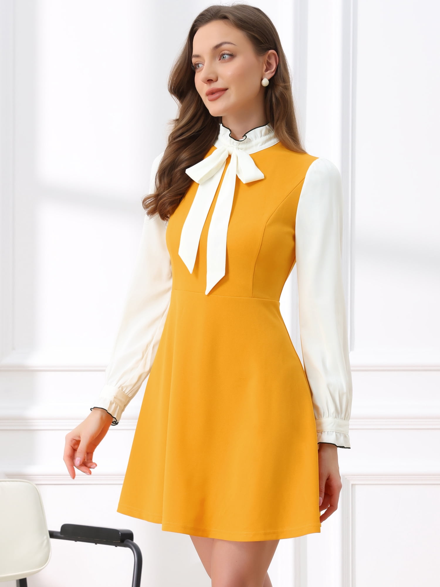 DARING DIVA Contrast Tie Neck Long Sleeve Elegant A-Line Dress L Yellow