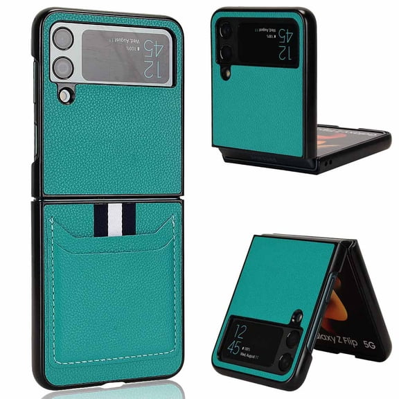 Leather Wallet Case Compatible with Samsung Galaxy Z Flip 4 with Card Holder Full Protective Business Case-Green