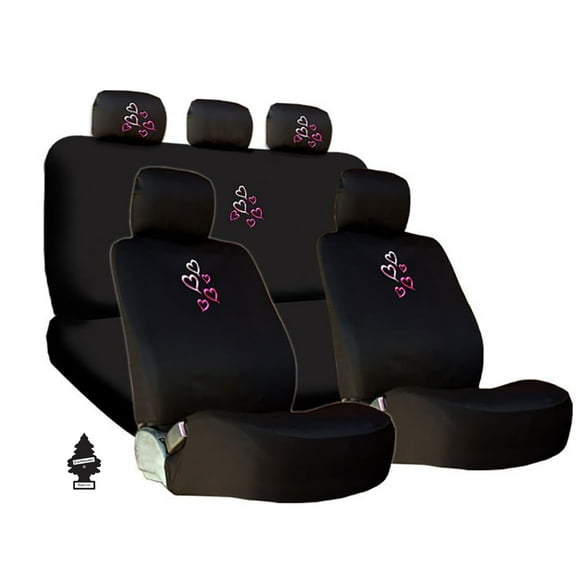 Yupbizauto Universal Fit Full Set Car Seat Covers with Embroidered Multi Love Heart Logo | Black Cloth & Air Freshener Bundle | Front & Rear Split Bench Covers | Stylish Car Accessories for Women