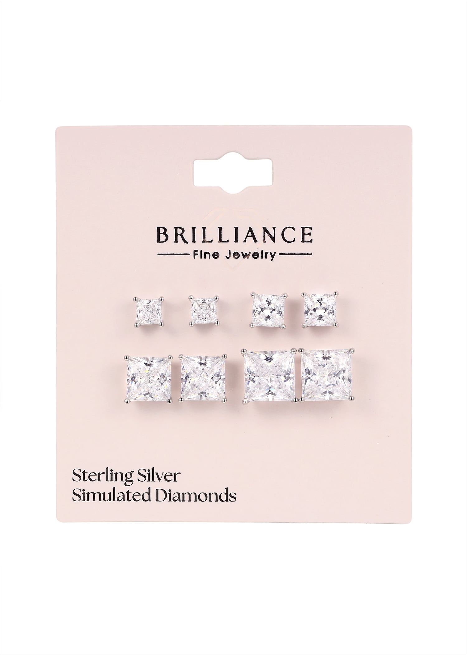Brilliance Fine Jewelry Women's Simulated Diamond 4 Pair Square Earrings in Sterling Silver