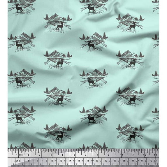 Soimoi Green Moss Georgette Fabric Landscape & Reindeer Animal Print Fabric by the Yard 42 Inch Wide
