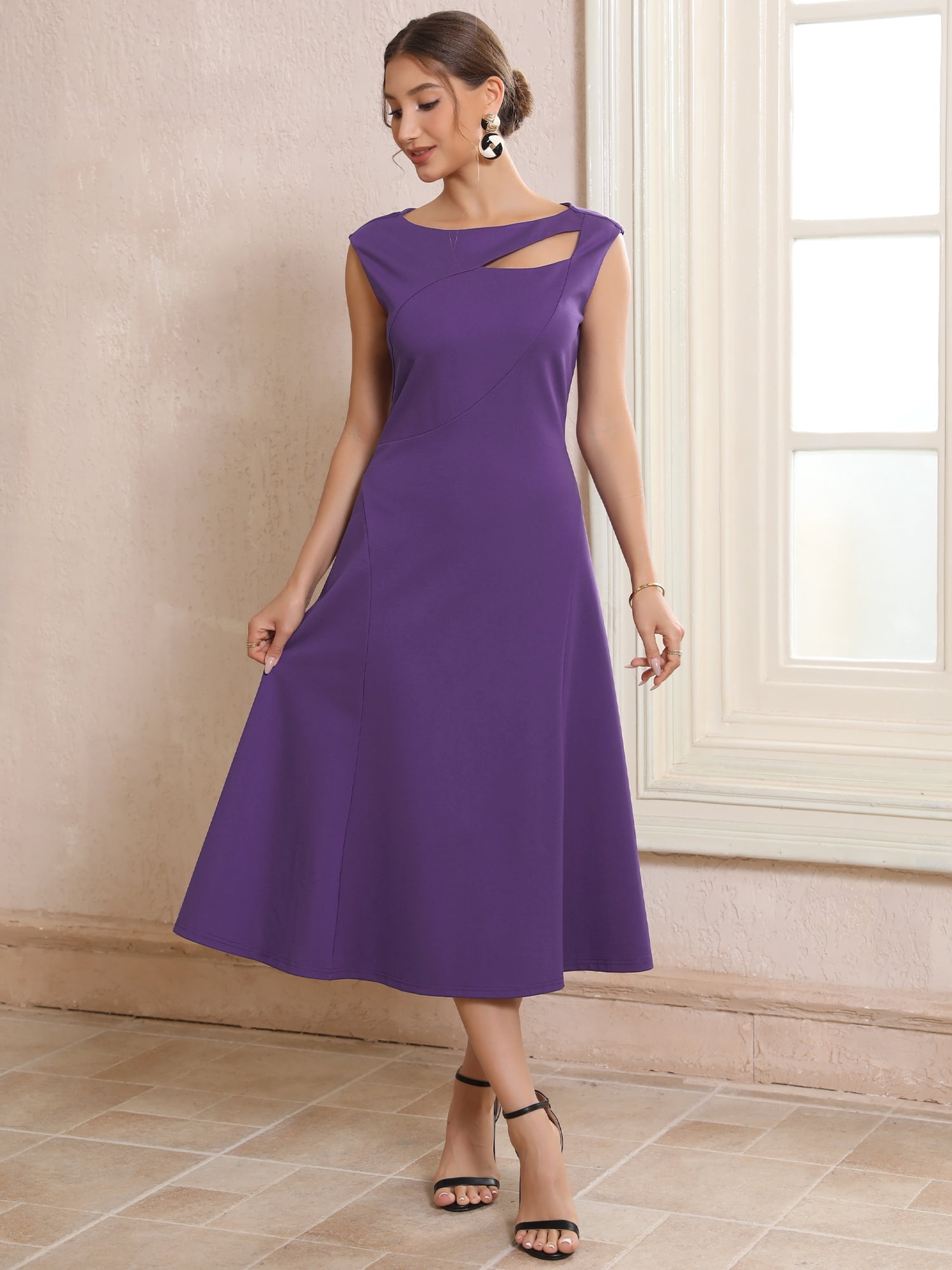 DARING DIVA Women's Keyhole Neck Cut Out Sleeveless Flared Dresses S Purple