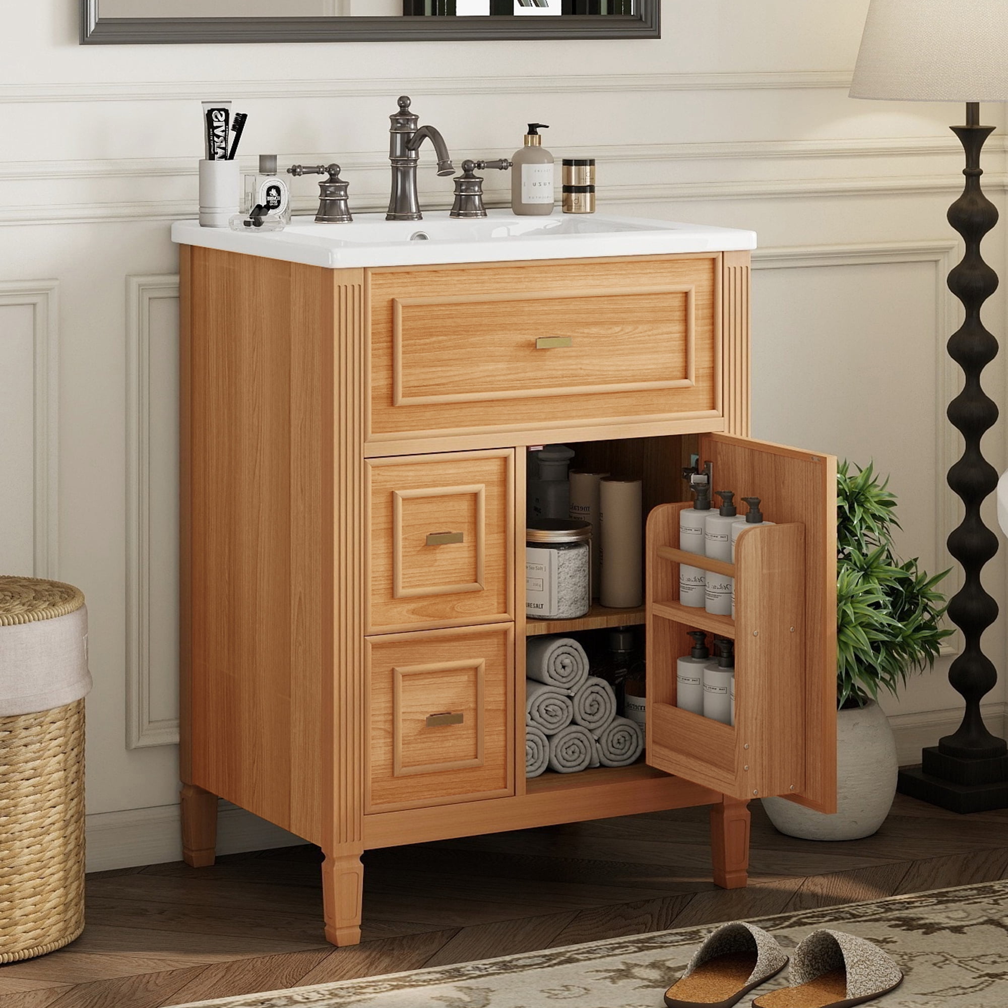 Euroco 24" Bathroom Vanity with Sink, Bathroom Vanity Cabinet with One Flip Drawer and Two Drawers, Adjustable Shelf, Solid Wood and MDF, Wood