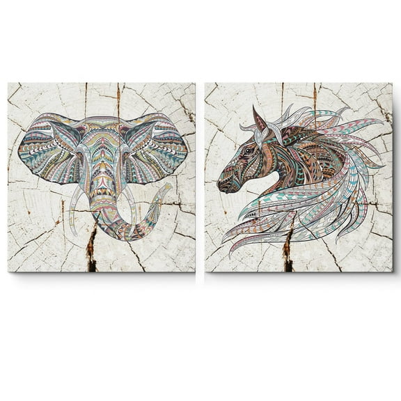 wall26 Canvas Print Wall Art Set Geometric Pastel Elephant & Horse on Wood Rings' Animals WildLife Illustrations Minimalism Chic Relax/Calm Multicolor for Living Room, Bedroom, Office - 24"x